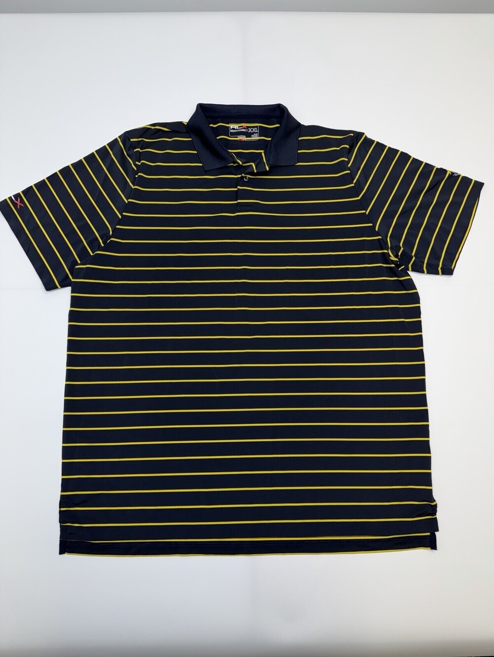 RLX Ralph Lauren Mens XXL Navy Yellow Striped Polo Shirt Hawthorns Golf